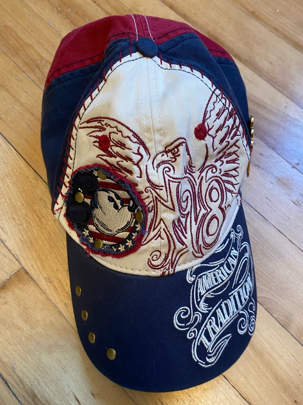 Vintage Disney Baseball Hat Navy and Red Cap with Resort Tag Biker Core Studded